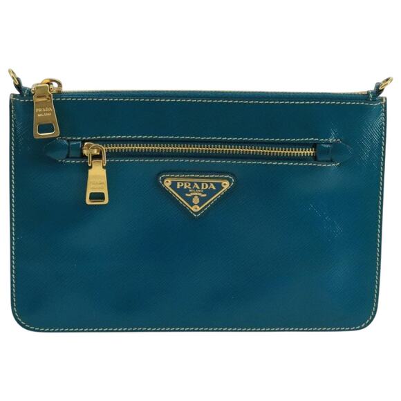 PRADA Shoulder Bag Safiano Leather Turquoise Blue Gold - Picture 2 of 9